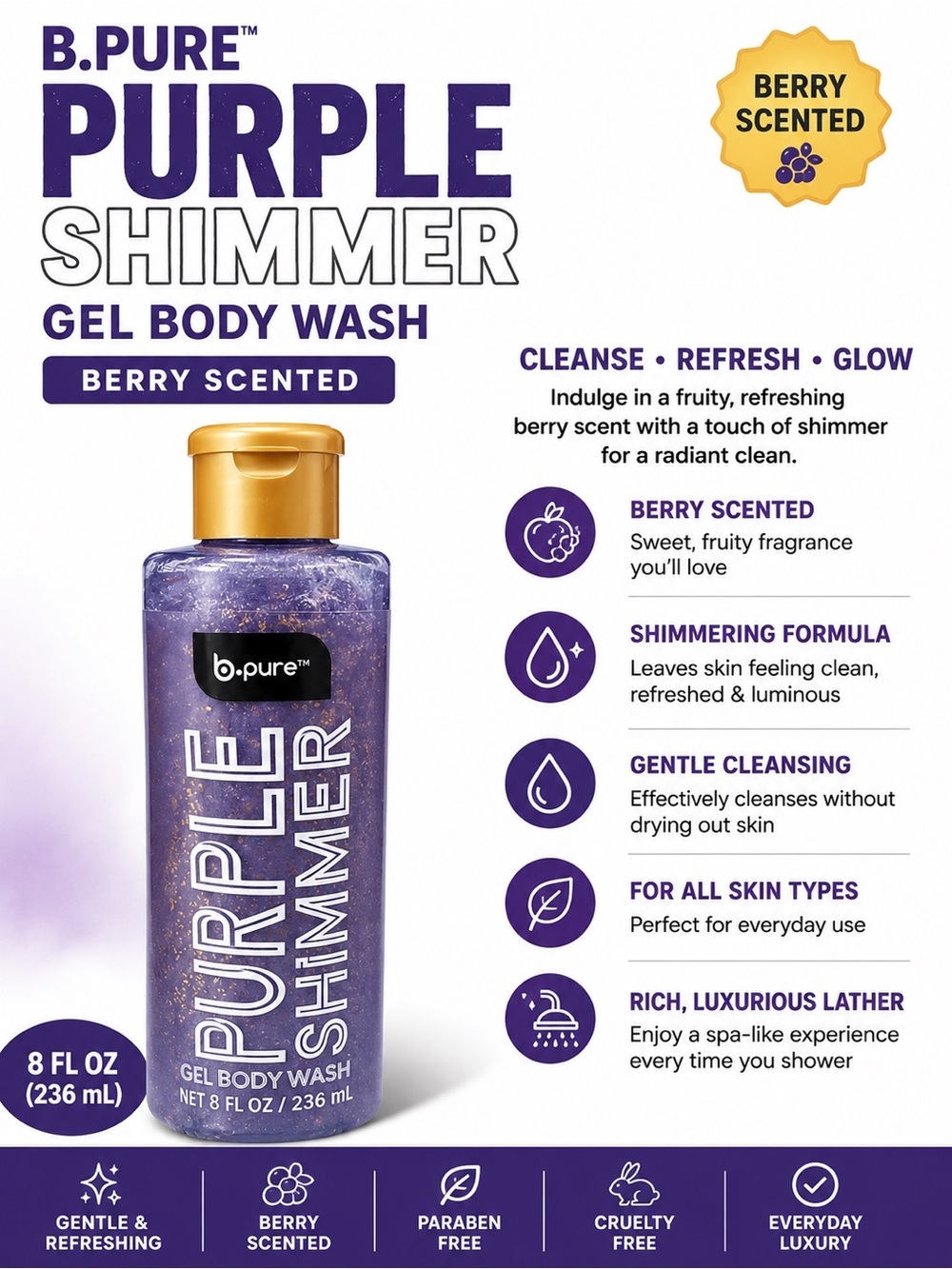 B.PURE Purple Shimmer Gel Body Wash - Berry Scented